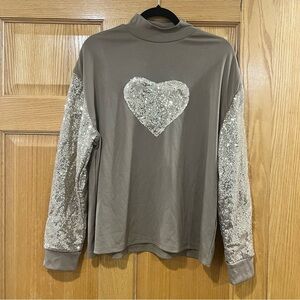 Sequin Heart Long Sleeve Top with Matching Joggers - Taupe